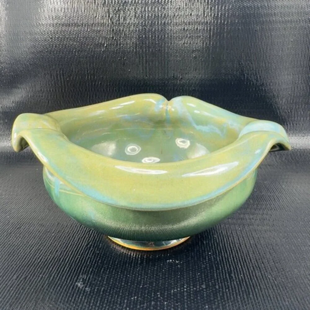 Hand Made Pottery‎ Bowl Dish Signed Kim Anderson Folded Edges Vintage Stoneware